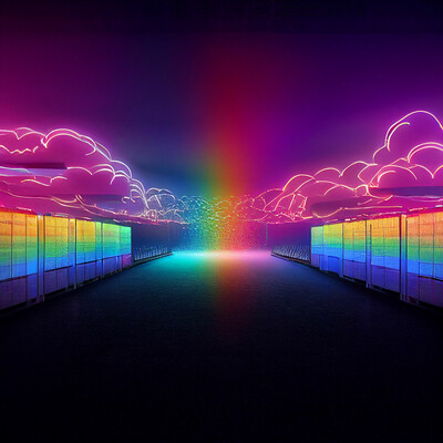 Ein von Midjourney generiertes Bild eines rehgenbogenbeleuchtetes Rechencenters in den Wolken.