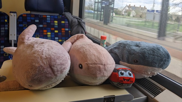 Two Rosåhaj, Re 460 and Eggbert on a table of an MÁV EuroCity carriage.