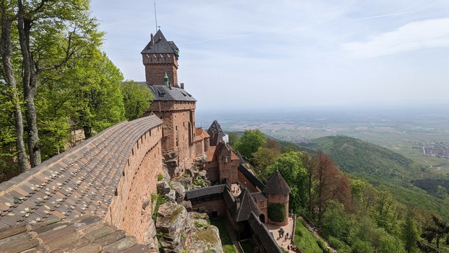 The old Hoh'Koenigsbourg castle in Alsace beyond the Rhine plateau.