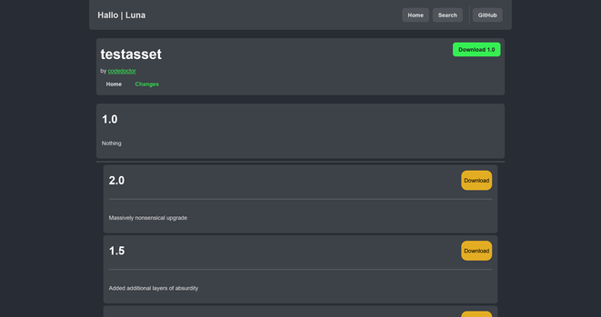 A dark-mode webpage screenshot showing the “Changes” tab for a UI asset pack named “testasset.” At the top is a header bar reading “Hallo | Luna” with “Home,” “Search,” and “GitHub” buttons. Below, the pack title “testasset” appears in large white text with “by codedoctor” beneath it, alongside two nav links—“Home” (gray) and “Changes” (highlighted in green)—and a bright green “Download 1.0” button on the right. Underneath is a list of version entries in stacked gray cards:

* **1.0**
  “Nothing”

* **2.0**
  “Massively nonsensical upgrade”  \[gold “Download” button]

* **1.5**
  “Added additional layers of absurdity”  \[gold “Download” button]